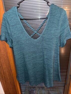 Copper Key Teal V-Neck Short Sleeve Top with Crisscross Back